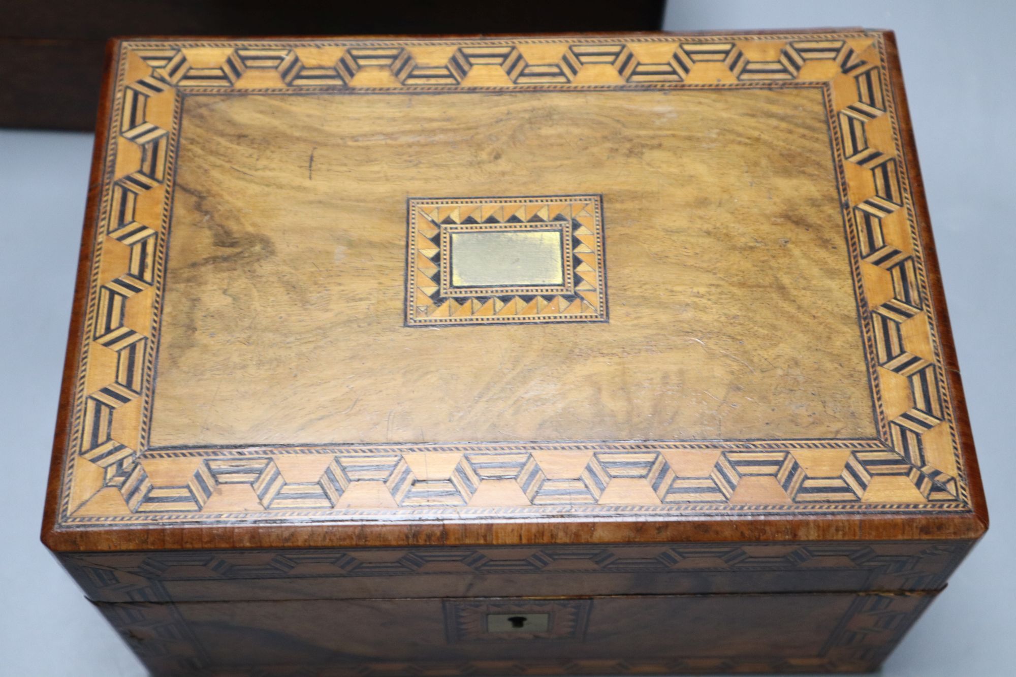 A Victorian parquetry work box and one other with Royal Engineers crest